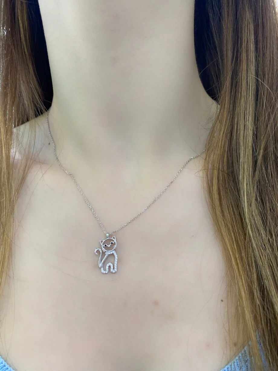 Zirkon Taşlı Minimal Gümüş Kedi Kolye