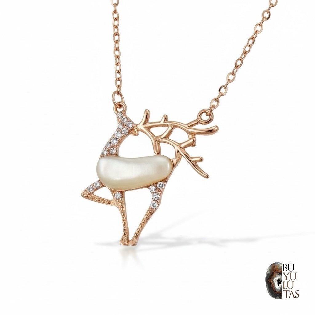 Sedef Gövdeli Zirkon Taşlı Zarif Geyik Tasarım 925 Ayar Gümüş Kolye – Özel El İşçiliği
