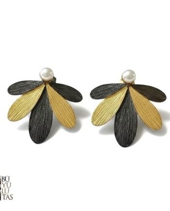 Tasarım Altın Kaplama Ve Oksitli Gümüş İnci Detaylı Floral Yaprak Küpeler