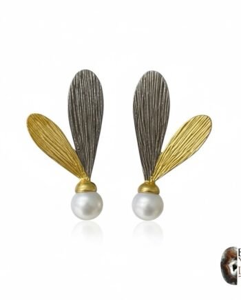 Tasarım Otantik Altın Kaplama Ve Oksitli Gümüş İncili Yaprak Küpe