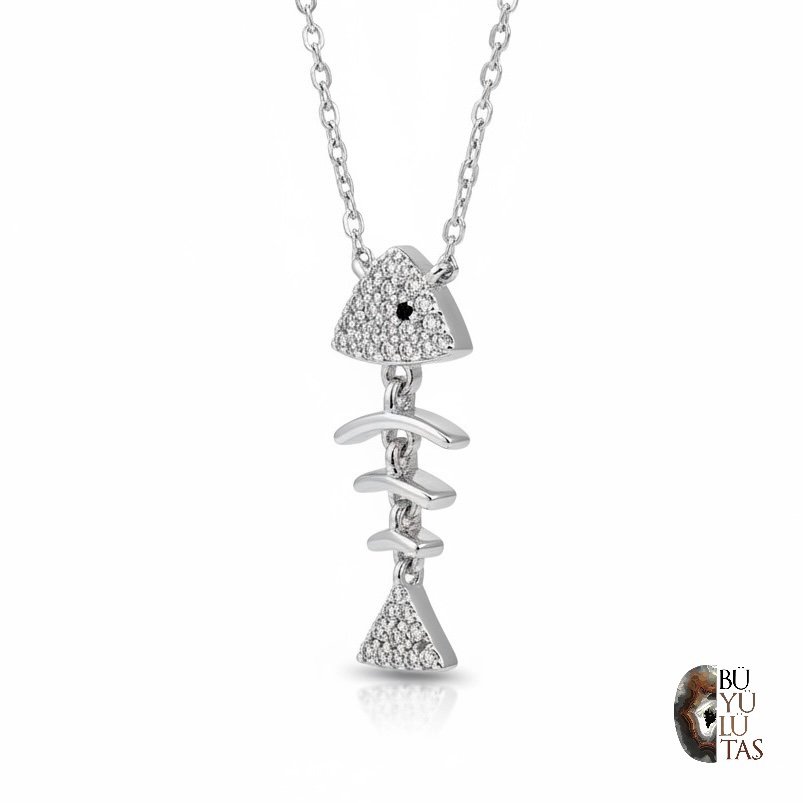 Zirkon Taşlı Zarif Tasarım Gümüş Balık Kılçığı Kolye