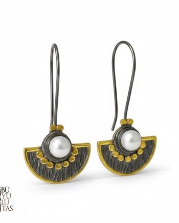 Tasarım Otantik Altın Kaplama Ve Oksitli Gümüş İncili Sallantılı Küpe