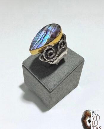 Abalone Taşlı Altın Çerçeveli Tasarım Gümüş Yüzük