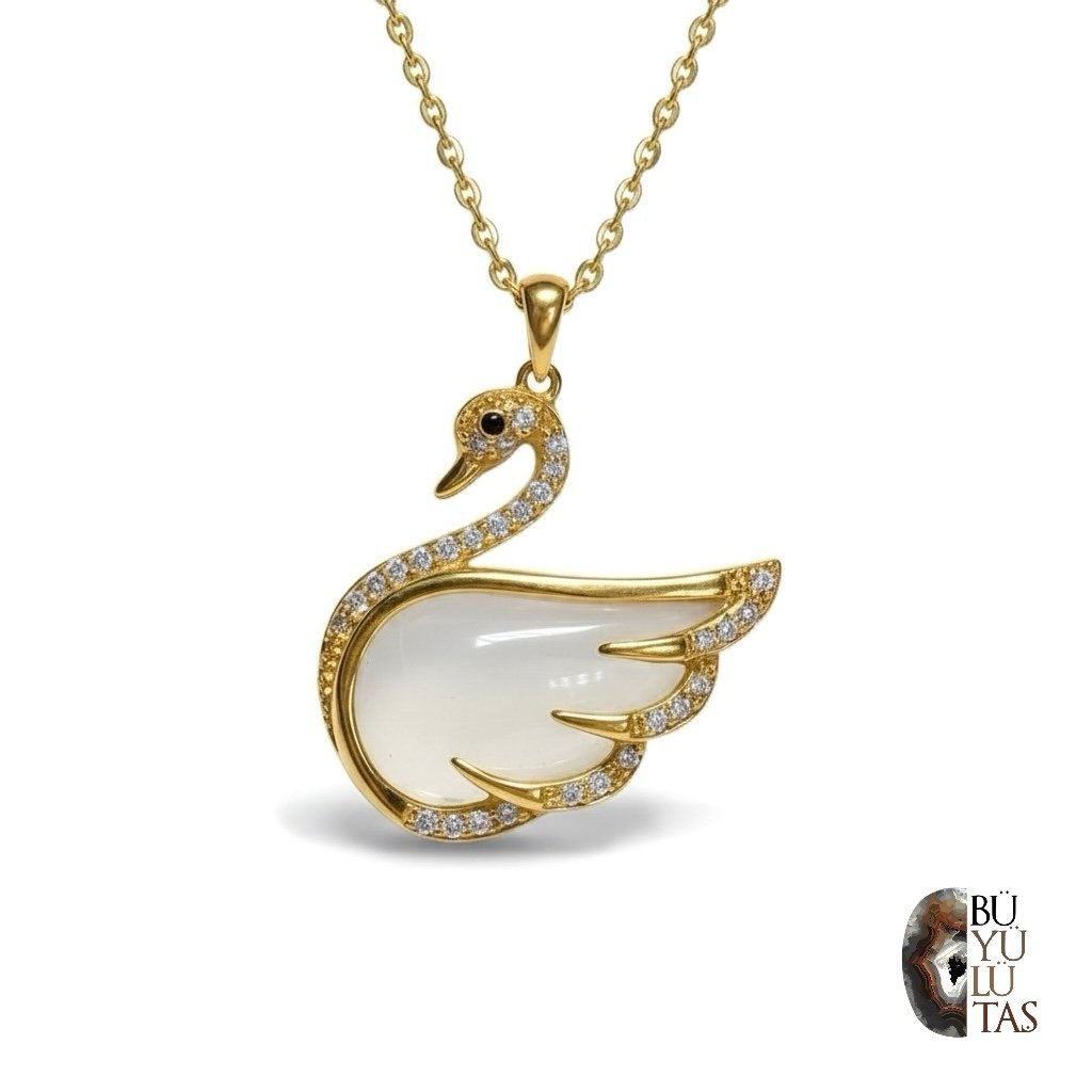Altın Kaplama 925 Ayar Gümüş Kedi Gözü Taşlı Kuğu Kolye – Zarif Zirkon Detaylı Tasarım
