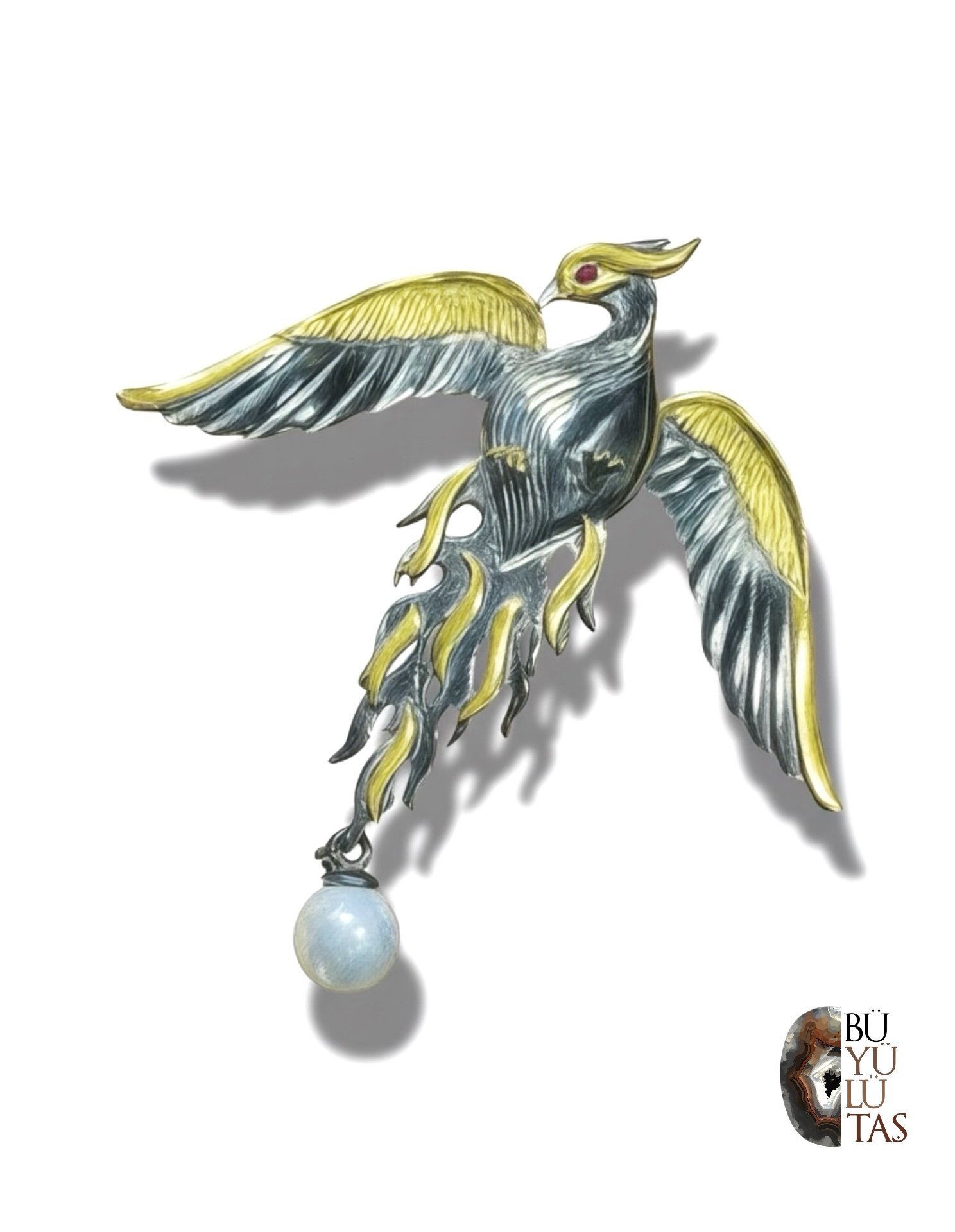 Siyah Rodaj ve Altın Kaplama Anka Kuşu Kolye Ucu – Yakut Göz Detaylı, İnci Sallantılı Tasarım