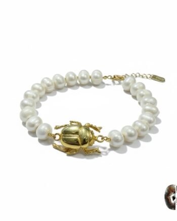 Doğal İncili 22 Ayar Altın Kaplama Skarab Tasarım Bileklik – 925 Ayar Gümüş