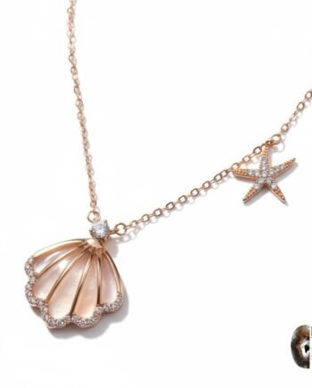 Rose Gold Kaplama Kedi Gözü Midye ve Deniz Yıldızı Tasarım Gümüş Kolye