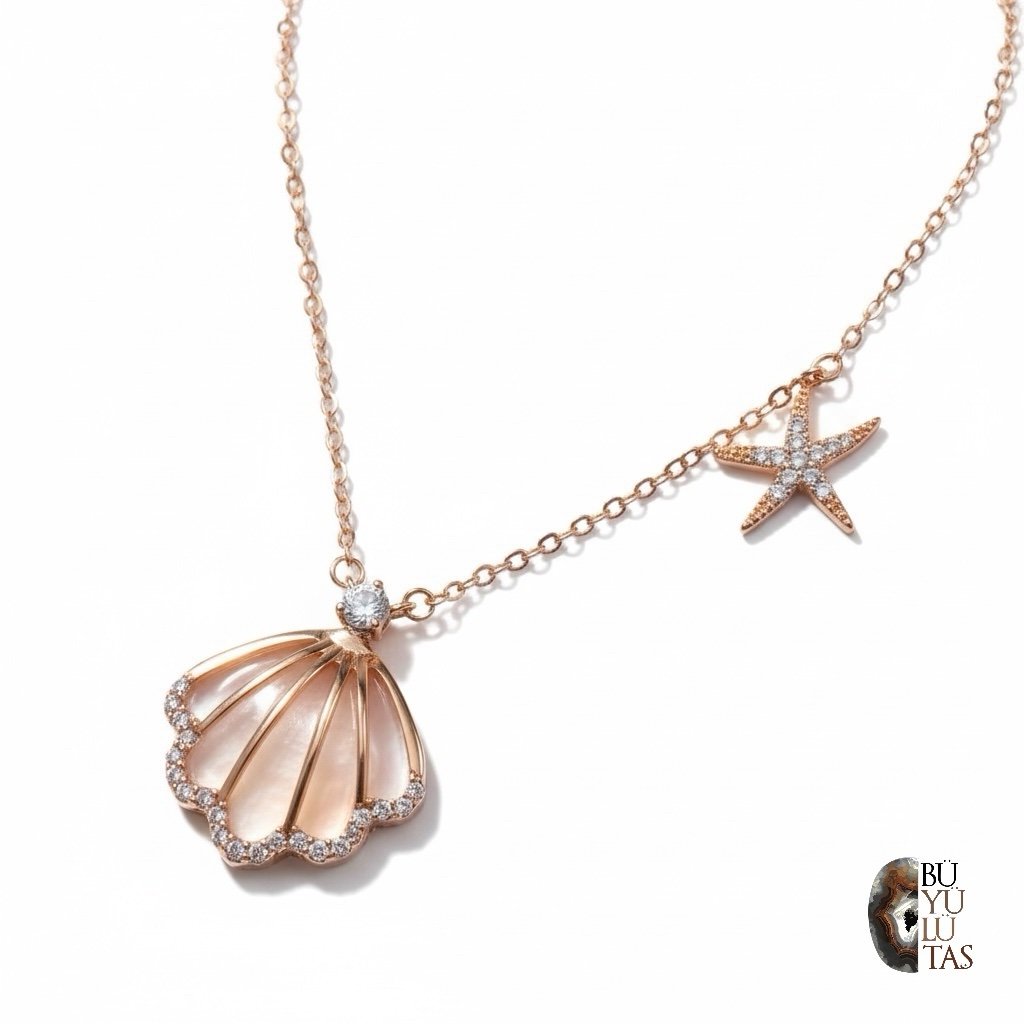 Rose Gold Kaplama Kedi Gözü Midye ve Deniz Yıldızı Tasarım Gümüş Kolye