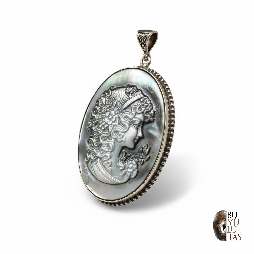 El İşçiliği Sedef Kameo Kabartma Tasarım 925 Ayar Gümüş Kolye Ucu