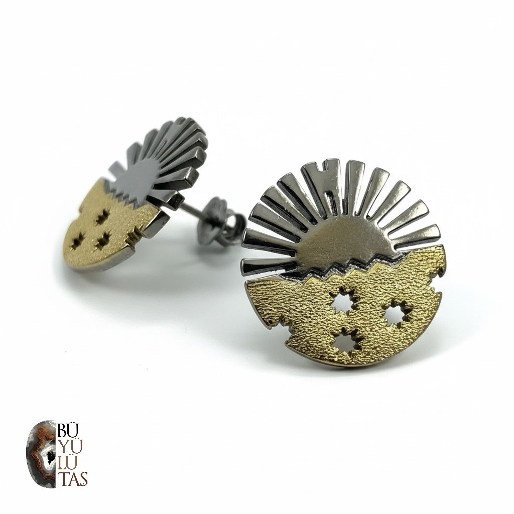 Altın Kaplama & Oksitli Gümüş Gün Doğumu Tasarım Küpe – Modern Minimal El İşçiliği