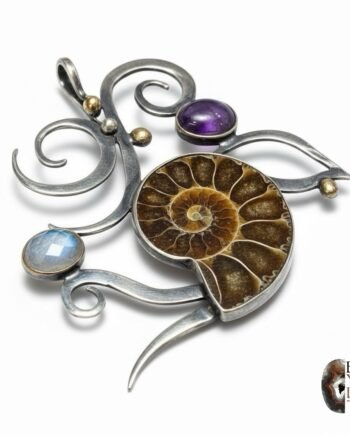 Ammonit, Ay Taşı ve Ametist Taşlı Otantik 925 Ayar Gümüş Tasarım Kolye Ucu