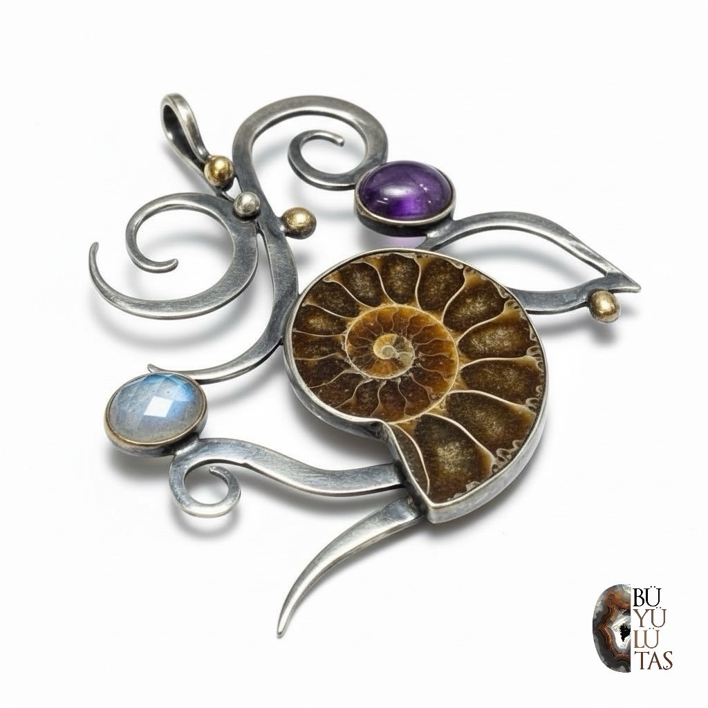 Ammonit, Ay Taşı ve Ametist Taşlı Otantik 925 Ayar Gümüş Tasarım Kolye Ucu