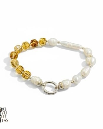 Faset Kesim Sitrin & Doğal İnci Tasarım Bileklik – 925 Ayar Gümüş Halkalı Kilit