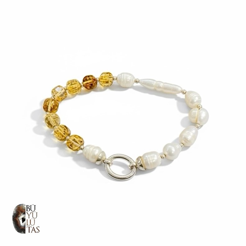 Faset Kesim Sitrin & Doğal İnci Tasarım Bileklik – 925 Ayar Gümüş Halkalı Kilit