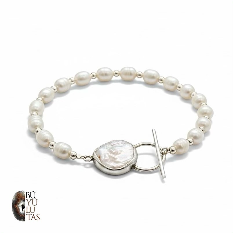 Doğal İnci ve Barok İnci Detaylı 925 Ayar Gümüş Tasarım Bileklik