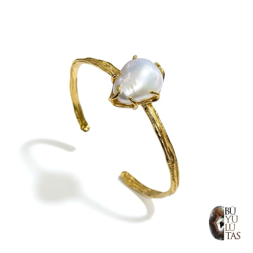 Orijinal Barok İnci Taşlı Altın Kaplama Tasarım Gümüş Bilezik