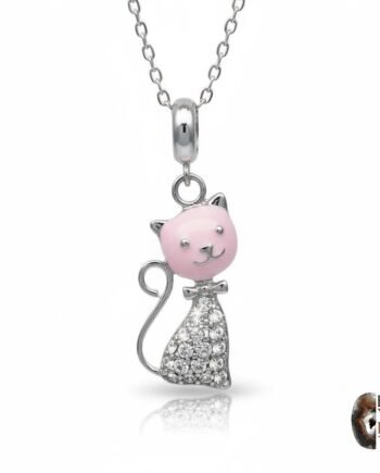 Pembe Mineli & Zirkon Taşlı Tasarım Kedi Kolye