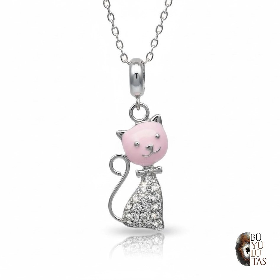 Pembe Mineli & Zirkon Taşlı Tasarım Kedi Kolye