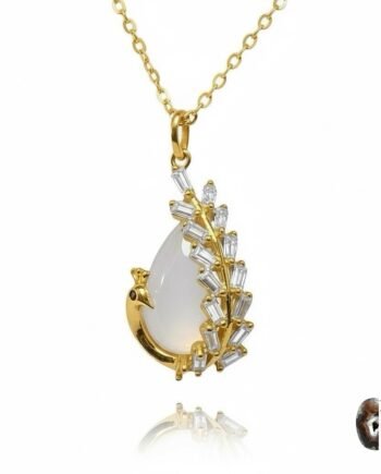 Kedi Gözü Taşlı Baget Zirkonlu Tavus Kuşu Tasarım Altın Kaplama Gümüş Kolye