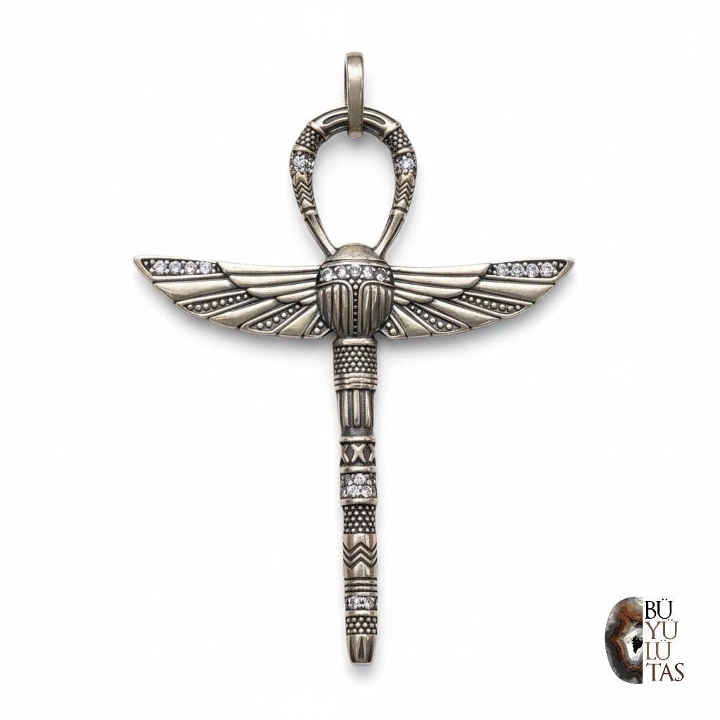 Tasarım Kanatlı Ankh Sembollü Gümüş Kolye Ucu – Antik Mısır Detaylı ve Taş İşlemeli Model