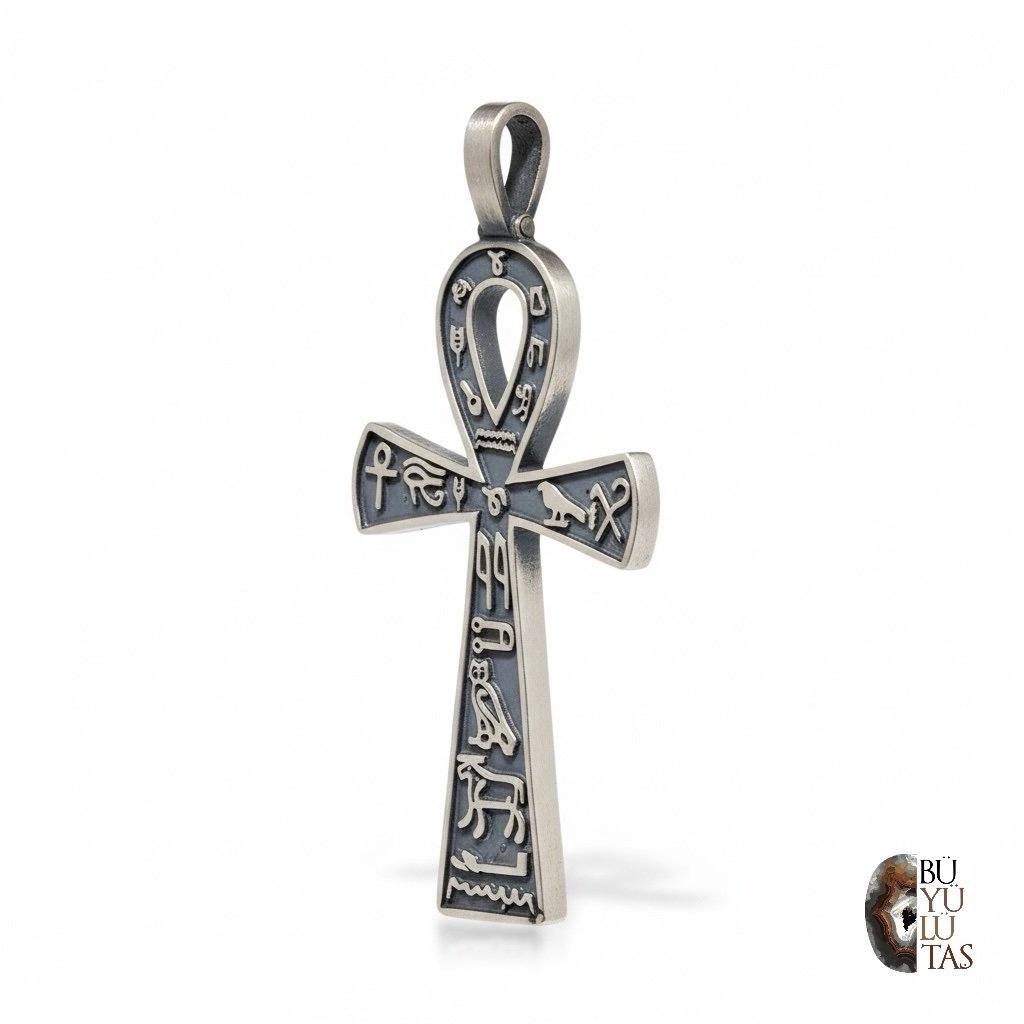 Tasarım Antik Mısır Ankh Sembollü Gümüş Kolye Ucu – Hiyeroglif Detaylı Oksit Dokulu Model