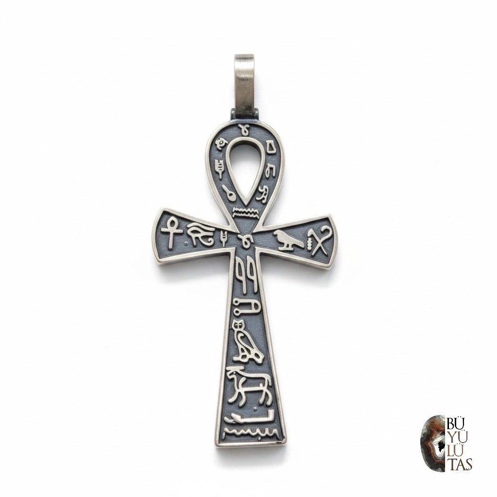 Tasarım Antik Mısır Ankh Sembollü Gümüş Kolye Ucu – Hiyeroglif Detaylı Oksit Dokulu Model