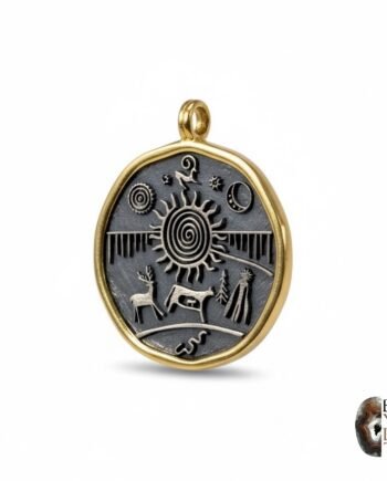 Tasarım Güneş ve Antik Sembol Figürlü Altın Kaplama Gümüş Kolye Ucu – Oksit Dokulu Spiritüel Model