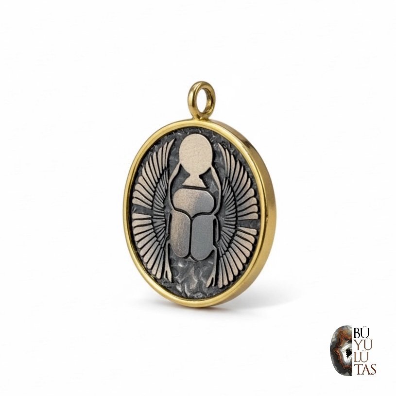 Tasarım Kanatlı Skarabe Figürlü Altın Kaplama Gümüş Kolye Ucu – Antik Mısır Esintili Oksit Dokulu Model