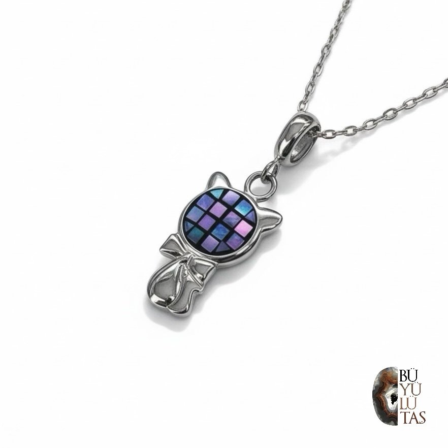 Abalone Mozaiği Kedi Kolye – 925 Ayar Gümüş & Altın Kaplama, Tasarım Özel Üretim