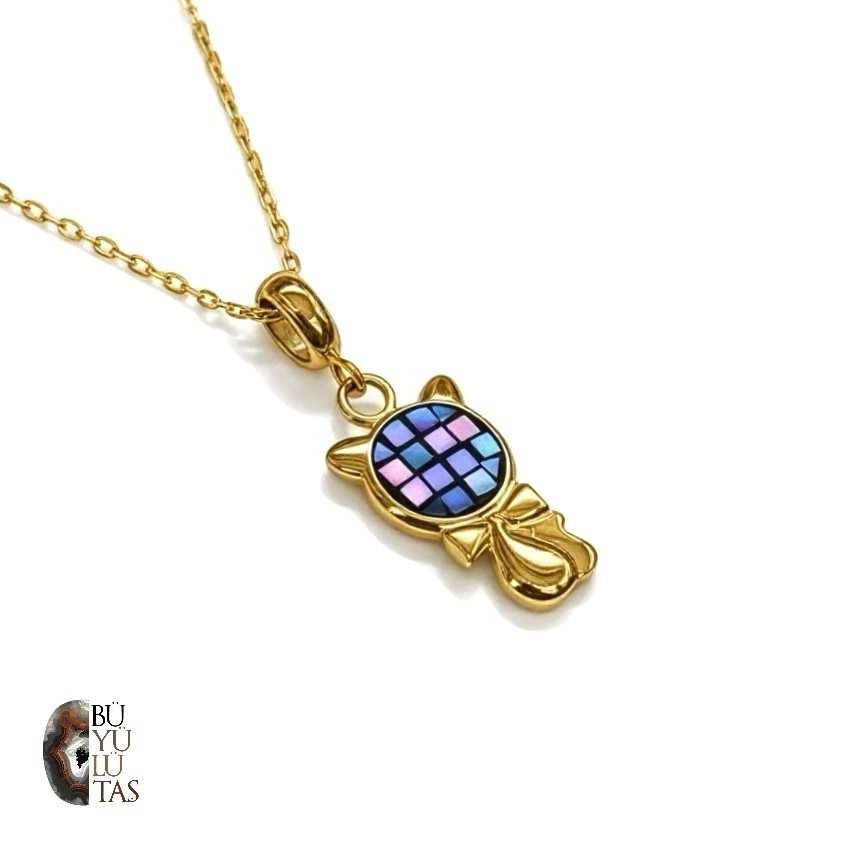 Abalone Mozaiği Kedi Kolye – 925 Ayar Gümüş & Altın Kaplama, Tasarım Özel Üretim