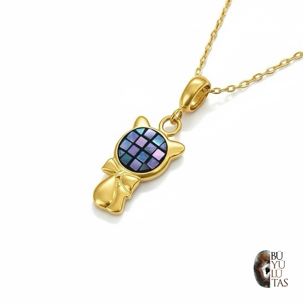 Abalone Mozaiği Kedi Kolye – 925 Ayar Gümüş & Altın Kaplama, Tasarım Özel Üretim