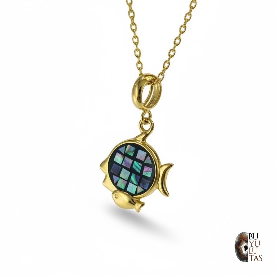 Abalone Mozaik Balık Kolye – 925 Ayar Gümüş & Altın Kaplama, Özel Tasarım