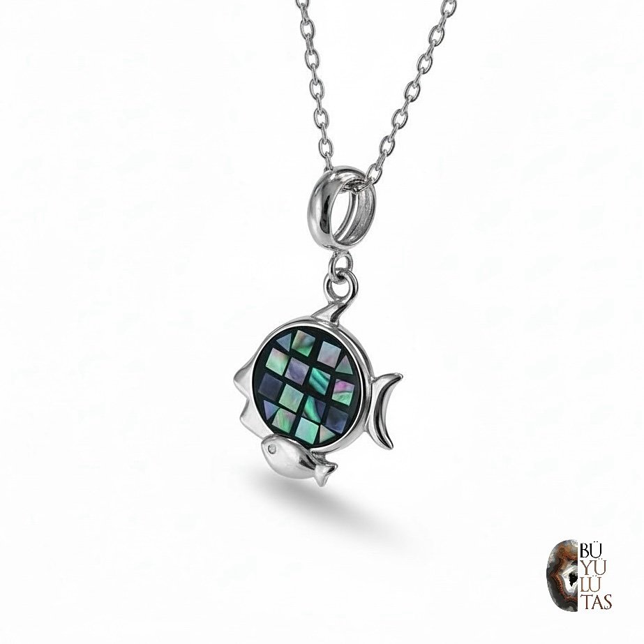Abalone Mozaik Balık Kolye – 925 Ayar Gümüş & Altın Kaplama, Özel Tasarım