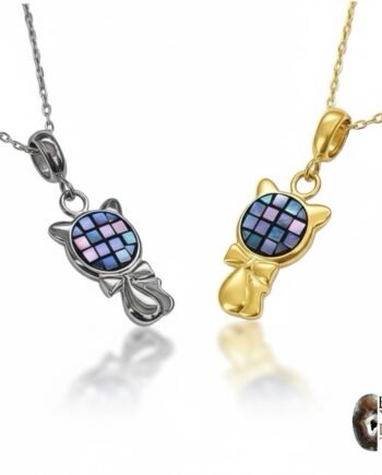 Abalone Mozaiği Kedi Kolye – 925 Ayar Gümüş & Altın Kaplama, Tasarım Özel Üretim