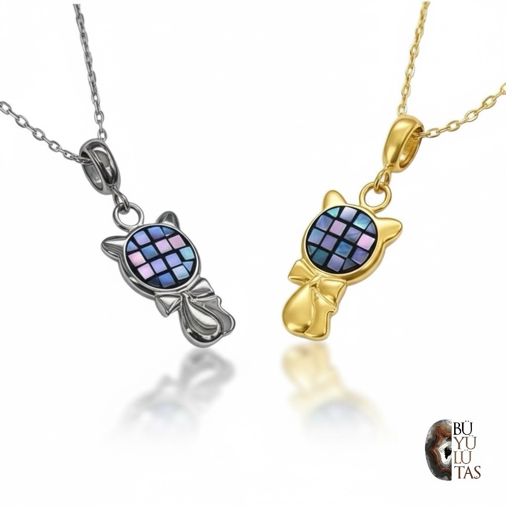 Abalone Mozaiği Kedi Kolye – 925 Ayar Gümüş & Altın Kaplama, Tasarım Özel Üretim