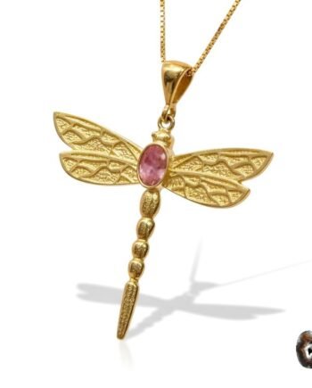 Yusufçuk Motifli Pembe Turmalin Taşlı Altın Kaplama Gümüş Kolye