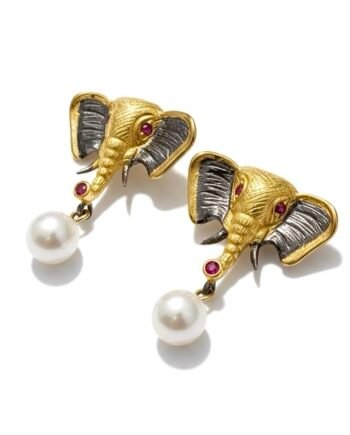 Gerçek Yakut Taşlı İnci Sallantılı Fil Figürlü Tasarım Küpe