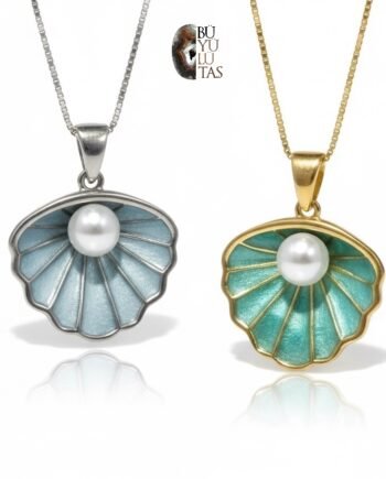 Mine İşlemeli Deniz Kabuğu & Orijinal İnci Detaylı Gümüş Kolye