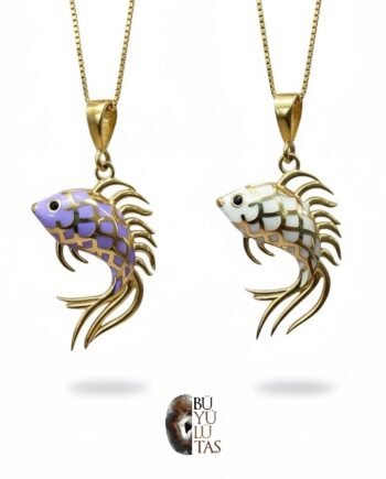 Mineli Balık Figürlü Altın Kaplama Gümüş Tasarım Kolye